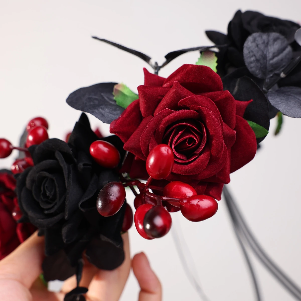 Handamde Baroque Black Rose Flowers Headbands For Women Bride Halloween Hairbands With Ribbon Party Hair Accessories image 5