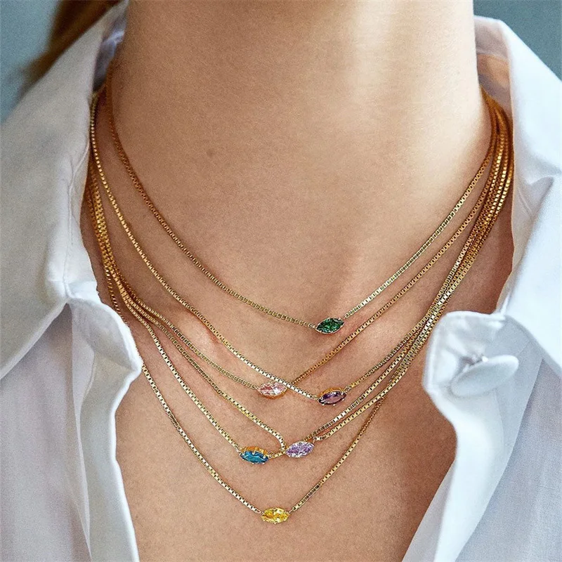 Birthstone Pendant Necklaces for Teen Girls Korean Fashion Eye Shape Crystal Gold Color Women Choker Chain Birthday Gift Jewelry