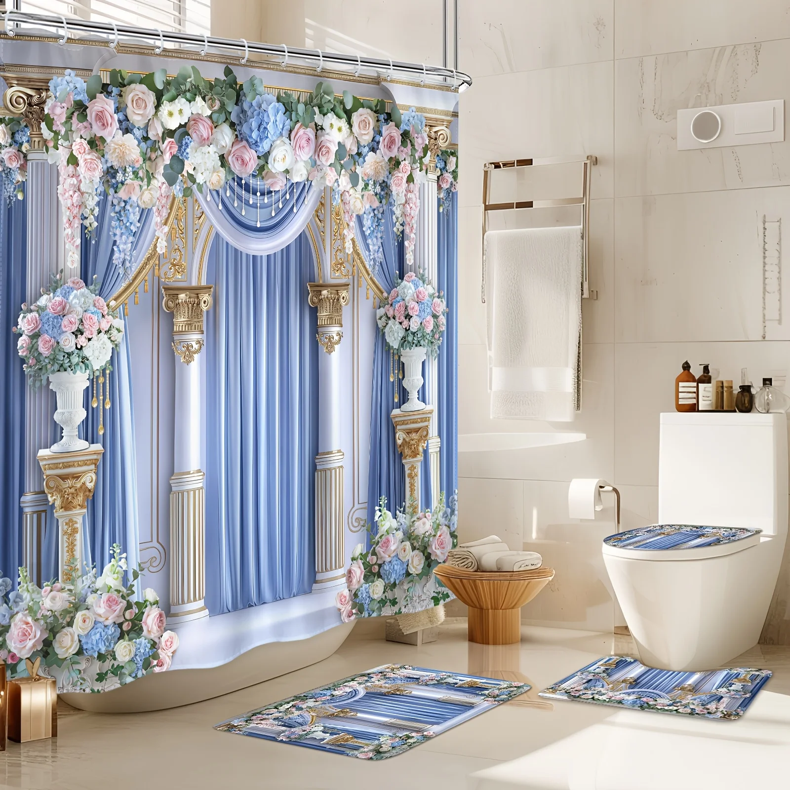 

Винтажный комплект из четырех предметов для ванной комнаты Blue Rose, мягкие и стильные аксессуары для ванной с элегантным классическим дизайном