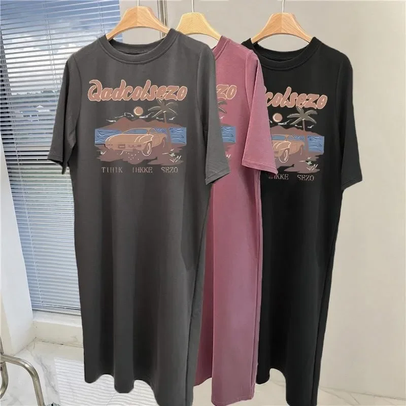 ฤดูใบไม้ผลิและฤดูร้อนสไตล์ยุโรปสไตล์พิมพ์สบายๆสบายๆผู้หญิงขนาดใหญ่แขนสั้นชุดกระโปรงยาว