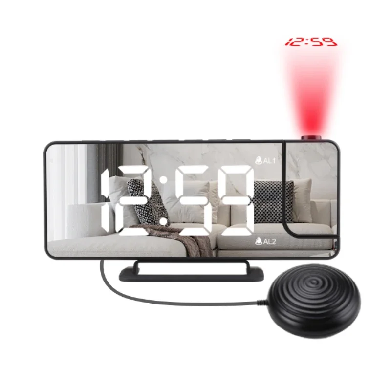 Dual LED Mirror Vibration Projection Alarm Clock Digital Strong Bed Shaker for Heavy Sleepers Deaf Senior Bedside Snooze Clocks