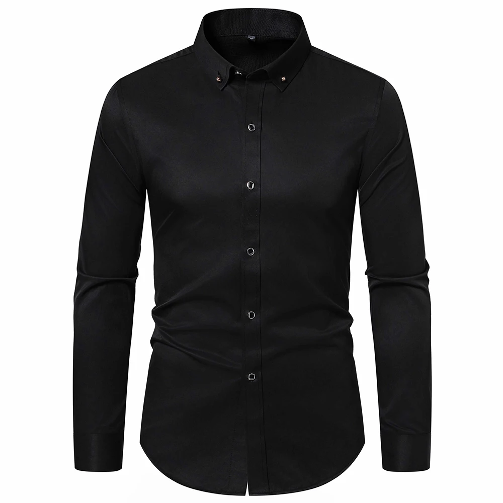 Men's Solid Color Shirt Fashion Classic Basic Casual Slim Fit Long Sleeve Exquisite Diamond Buckle Shirts Business Dress