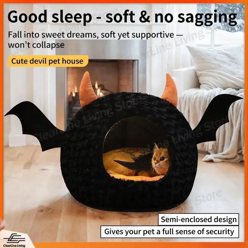 Halloween Cat Bed Enclosed Winter Warm Pet House Little Devil Design Safe Cozy Cave for Kittens All Season Universal Litter