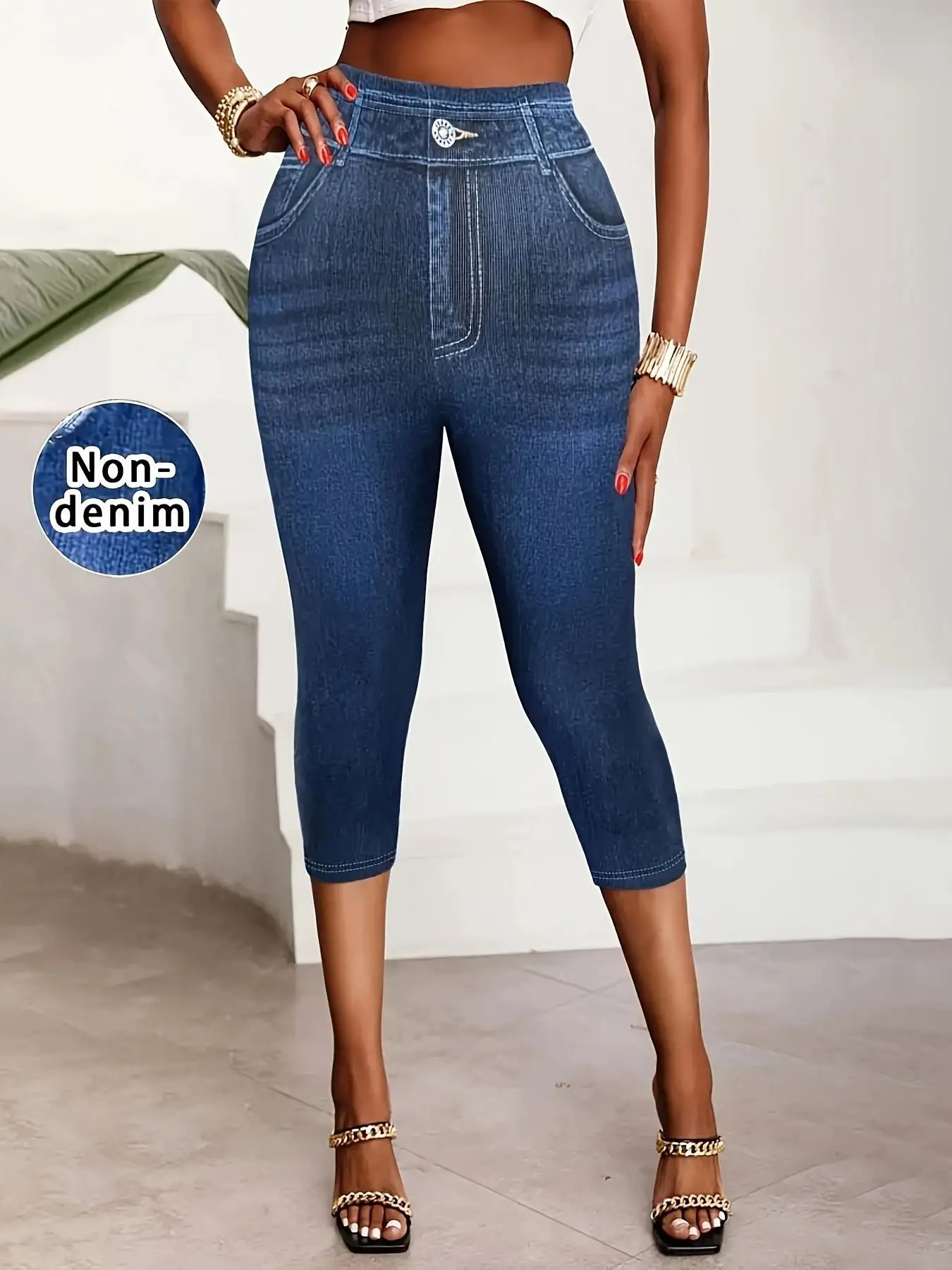 Summer Casual Fake Denim Printed 7 Points Pants Women Elastic High Waist Skinny Capri Leggings Stretch Cropped Trousers