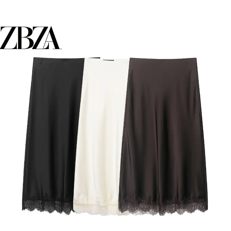 Women's High Waist Midi Skirt ZR Style Versatile Lace Trim Silk Satin Feel A-Line Skirt Pure Color Embroidery Slim Fit