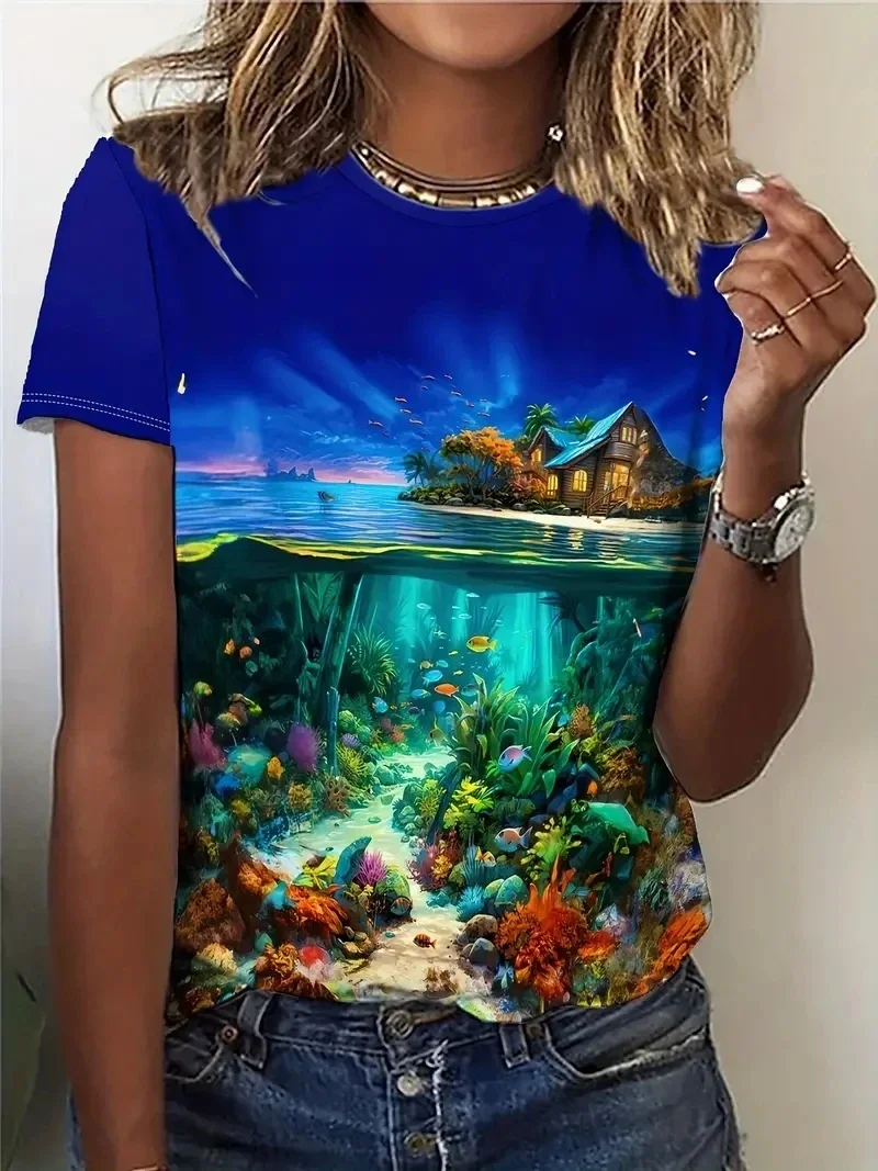 

Women's Plus Size Comfortable and Simple Vacation Style Commuting Fashion Leisure Underwater World 3D Printed Round Neck T-shirt