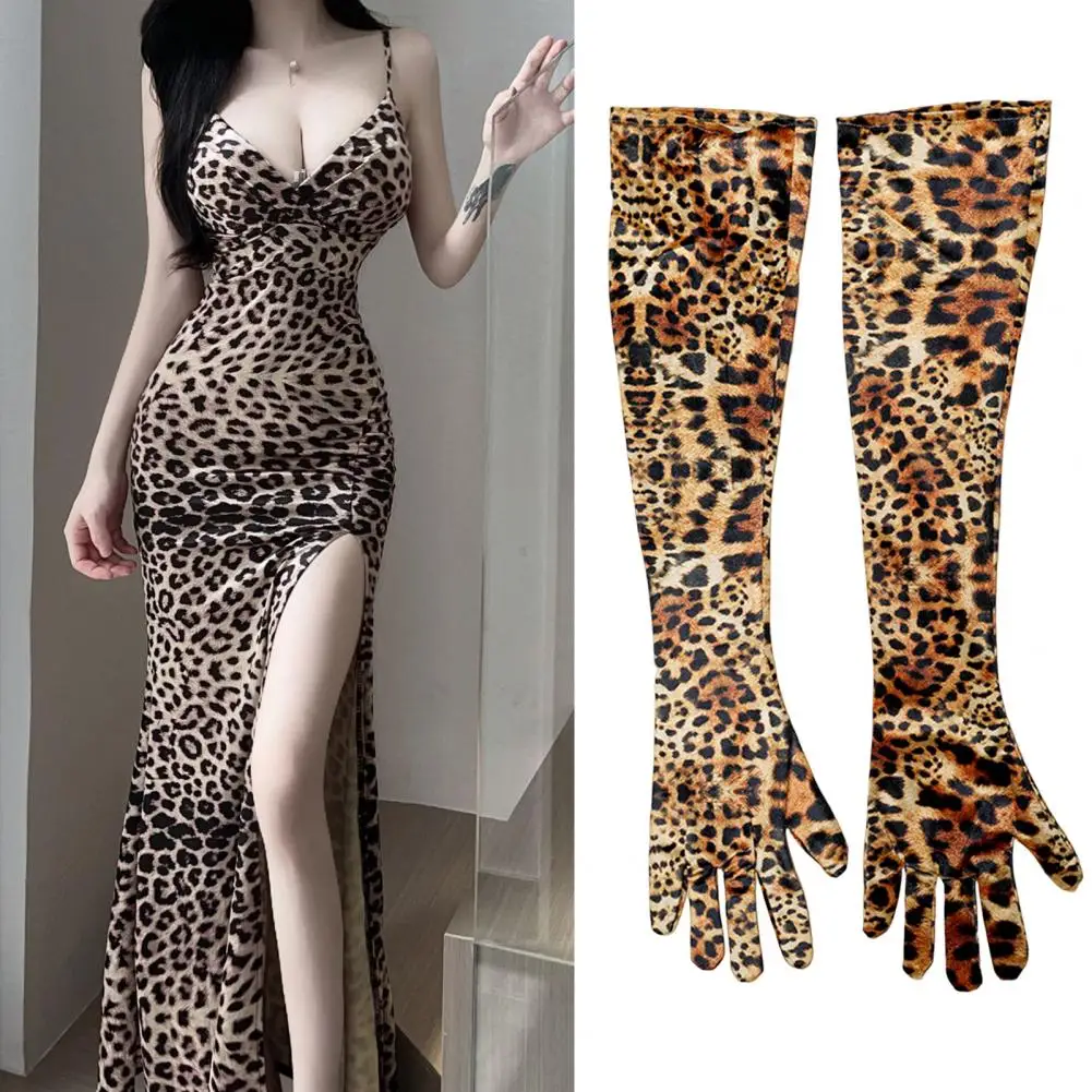 1 Pair Stylish Party Gloves Autumn Winter Women Long Gloves Leopard Print Coldproof Elbow Gloves Hand Protection