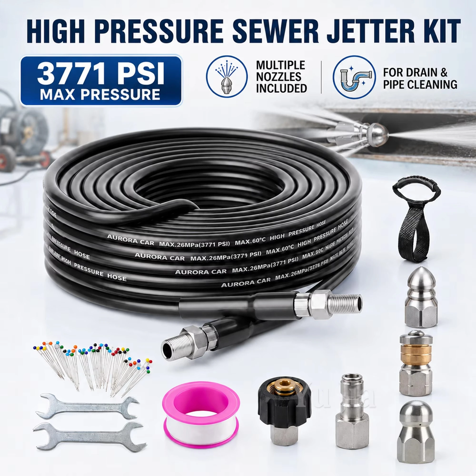 33-164FT Sewer Jetter Kit 3771PSI Pressure Washer Drain Pipe Cleaning Hose 1/4