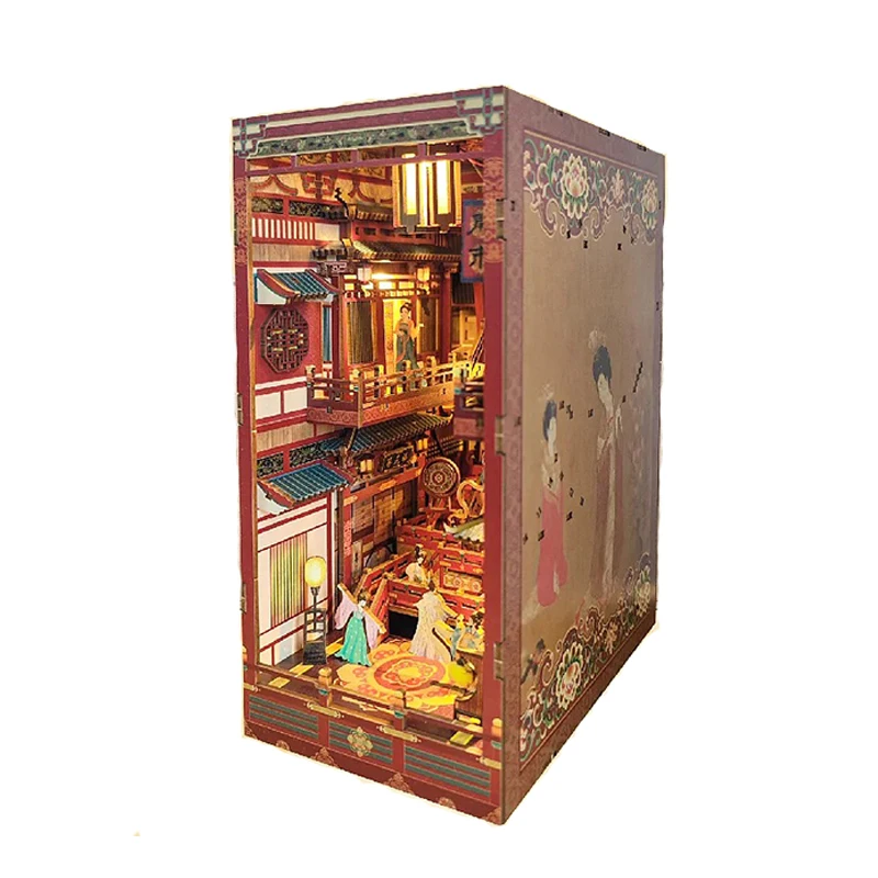 NEW DIY Book Nook Insert Kits Wooden Miniature Building Kit Tang Dynasty Dinner Party Bookend Bookshelf Home Decoration Gifts