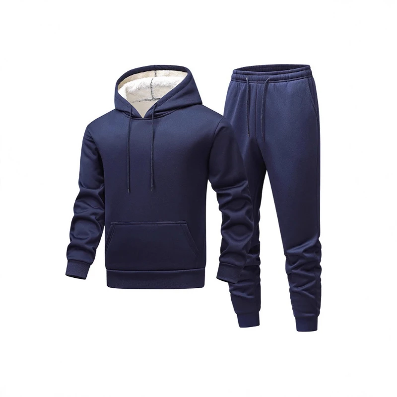 Warme Fleece-Kapuzenpullover für Herren, einfarbig, lässig, Kordelzug-Kapuzenpullover + Hose, verdickt, winddicht, mit Tasche, Winter-Sweatshirt