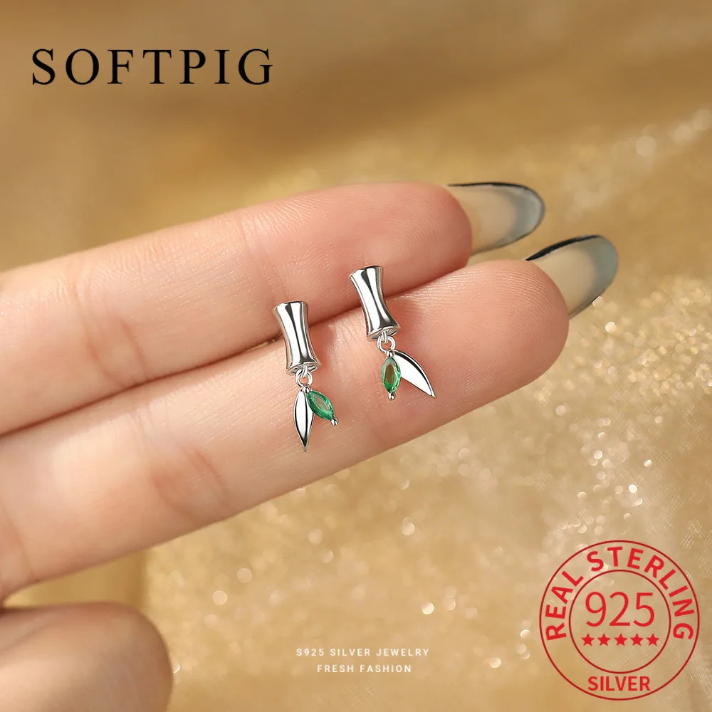

SOFTPIG Real 925 Sterling Silver Zircon Bamboo Stud Earrings for Women Cute Plant Fine Jewelry Light Luxury Advanced Accessories