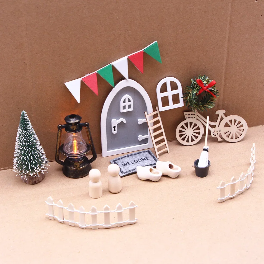 Cross-border new Dollhouse doll house gray doorway Christmas set, 14 miniature scene furniture decorations