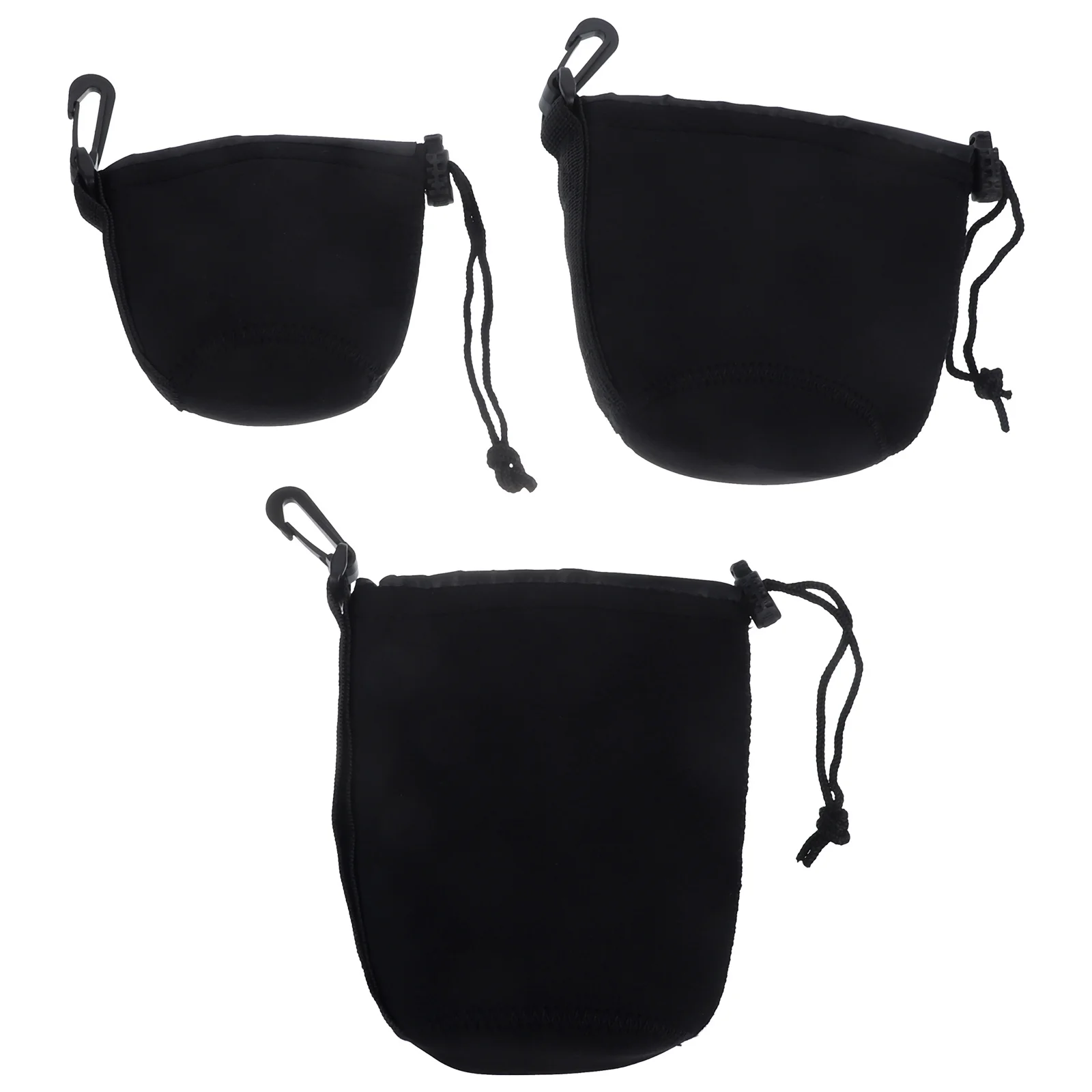 

3Pcs Neoprene Lens Bag Drawstring Pouch Reinforced Clip Cord Safe Removal Carabiner Attachment Outdoor Partner