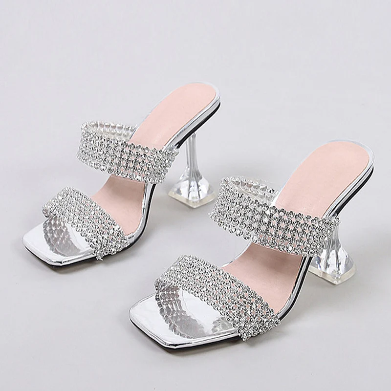 Liyke Sexy Green Rhinestone Women\'s Clear High Heels Slippers Summer Party Dress Shoes Female Crystal PVC Transparent Sandals