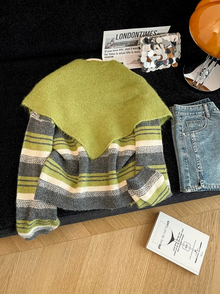 Vrouwen groen gestreepte gebreide trui sjaal trui jaren 2000 vintage lange mouwen gezellige kasjmier trui voor dameskleding lente herfst