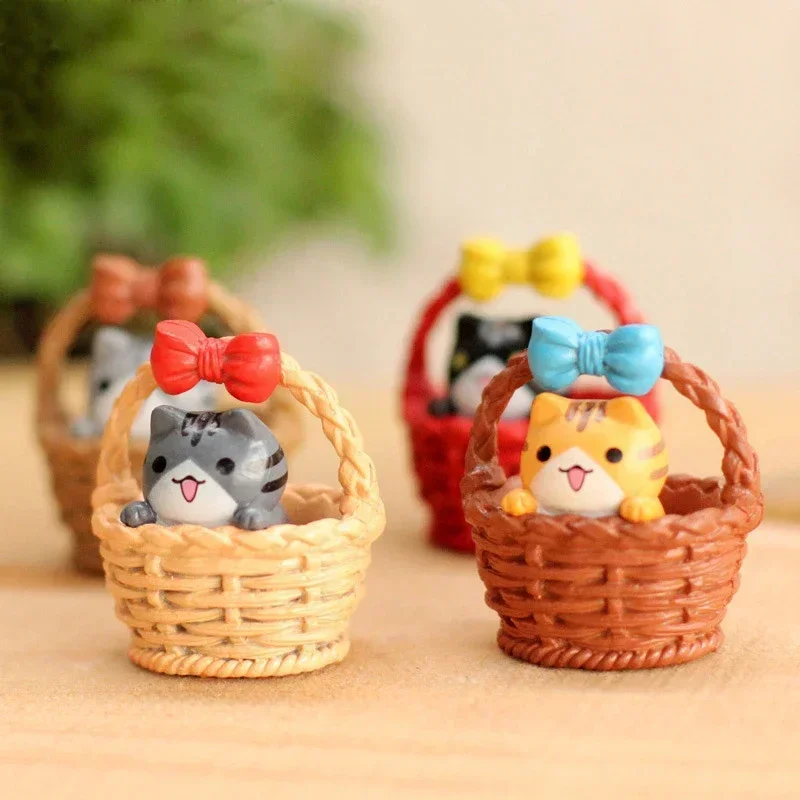 4 pcs Cute Creative Cartoon Cat Kids  Toy Bamboo Basket Japan Cat Figurine Japonaise Pvc Miniature Figurines Home Decoration