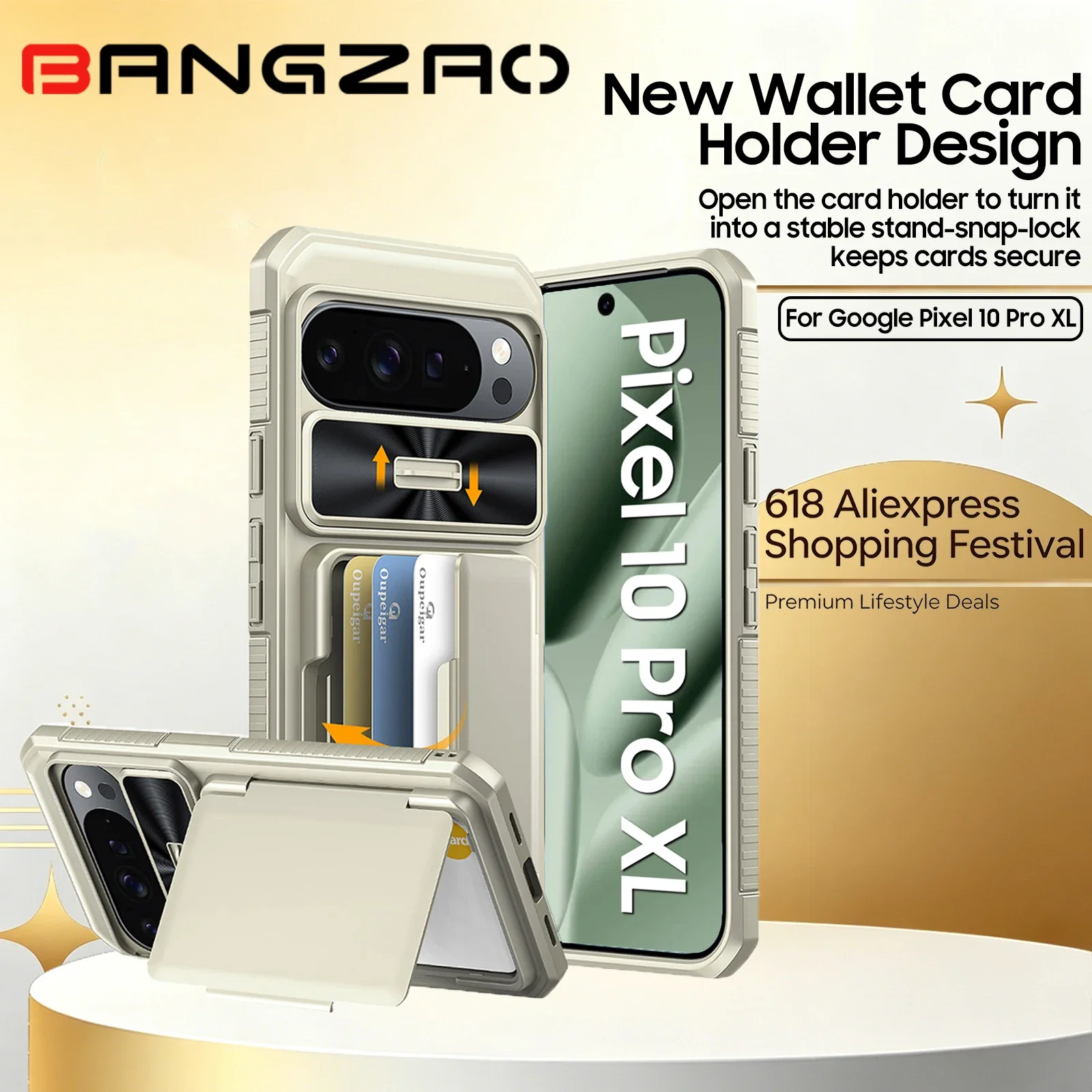 

618Deals For Google Pixel 10 Pro XL Wallet Case with Card Slot Slide Drop Protection Anti-Fingerprint Rugged Phone Cove-Titanium