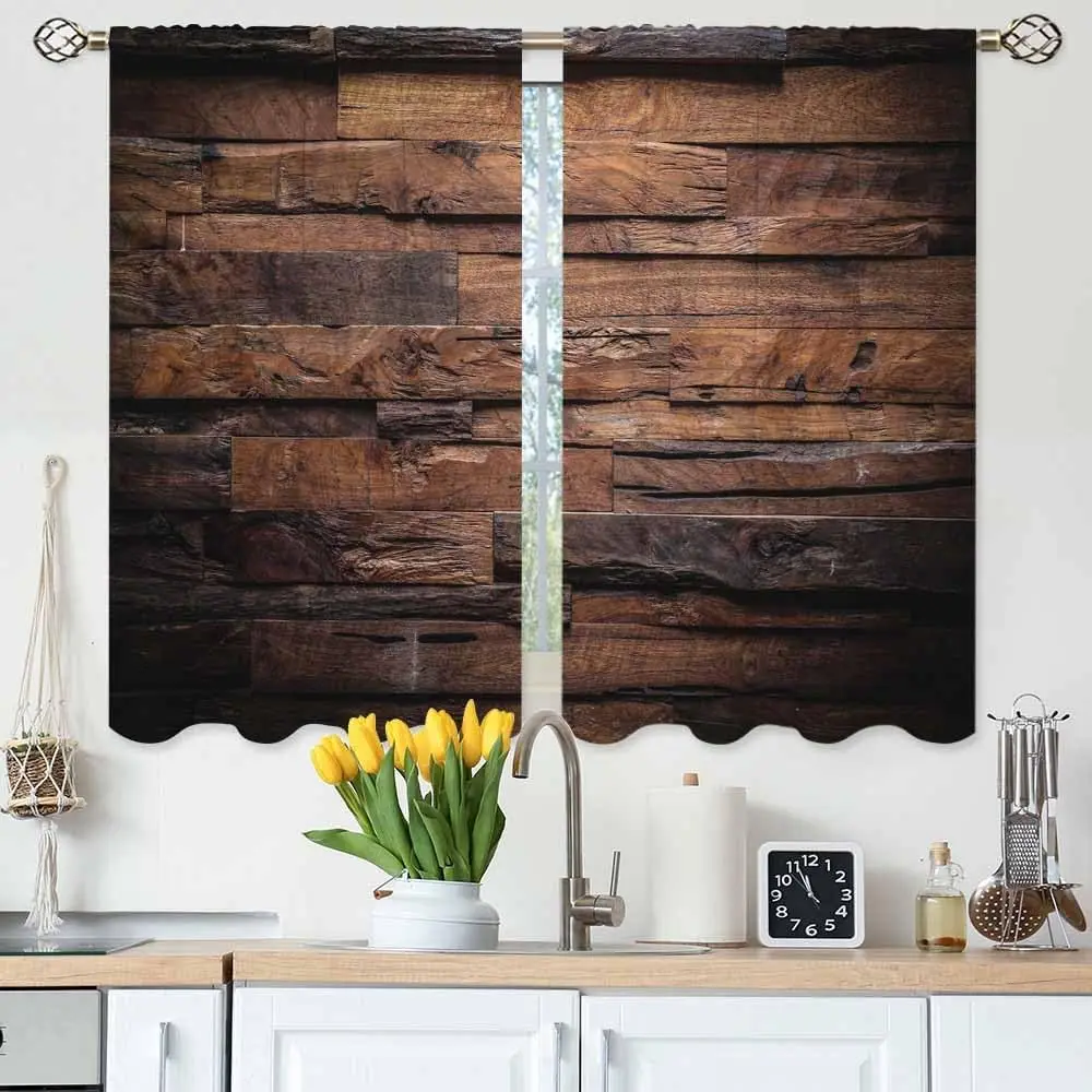 

Dark Wood Texture Kitchen Curtains Rustic Brown Old Wood Design Short Tier Curtains for Bathroom Cafe Small Window Drapes