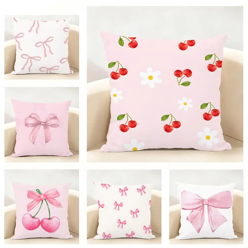 Pink Sweet Lovel Bow Cherry Art Cushion Cover Linen Pillowcase Soft  for Sofa Bed Home Room Decor
