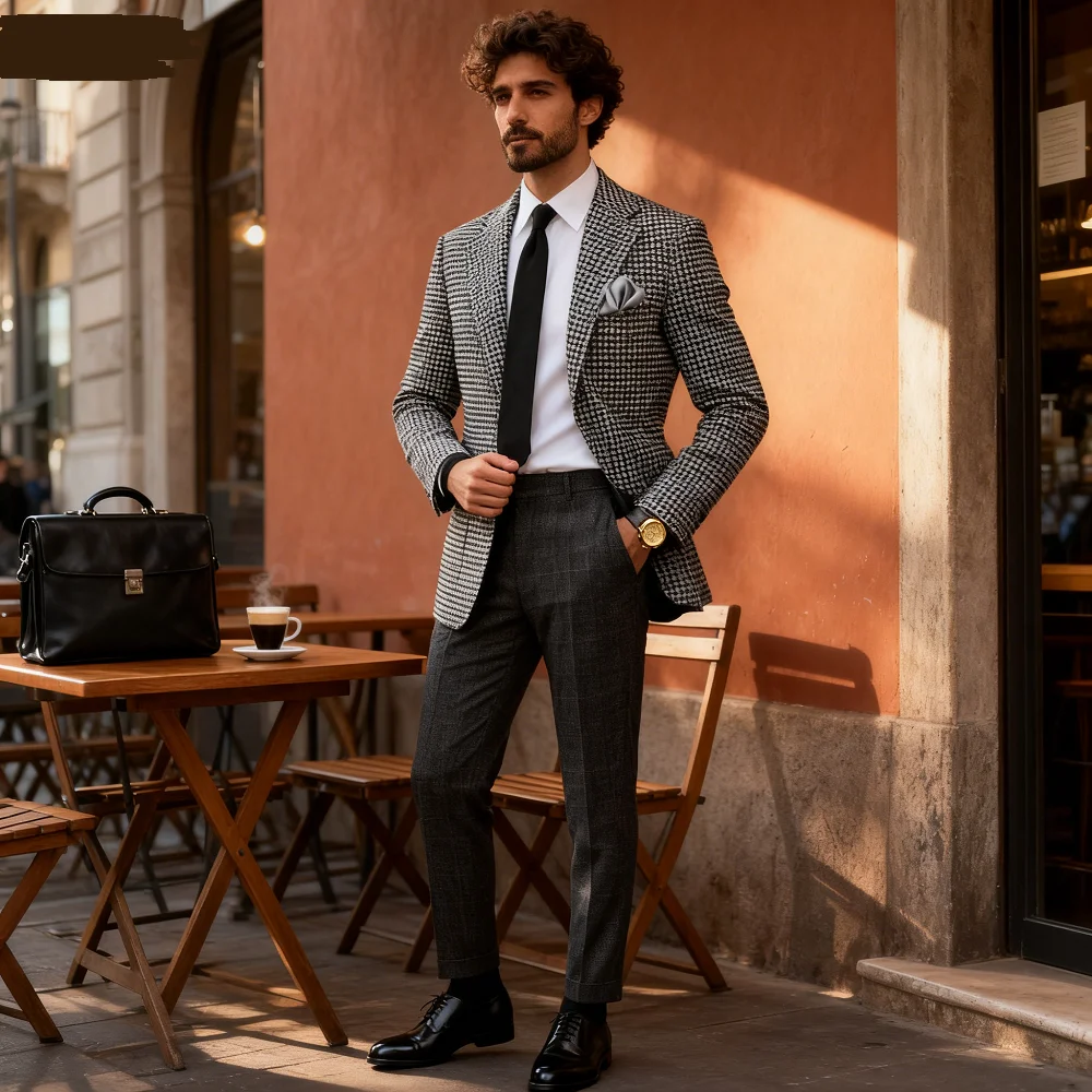 

Облегающий пиджак с узором «гусиные лапки» для мужчин, повседневный модный деловой стиль, с лацканами Terno Jaqueta, 1 шт., клетчатый костюм, пальто