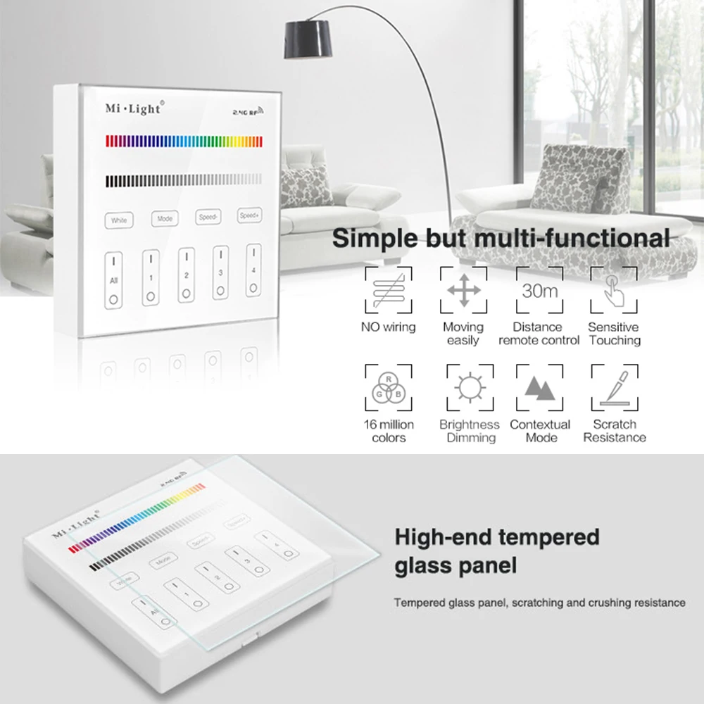 Miboxer  B3 2.4GHz Smart 4-Zone 86Touch Panel Adjust Brightness Timable Switch RGB/RGBW For Led Controller Panel Light Bulb