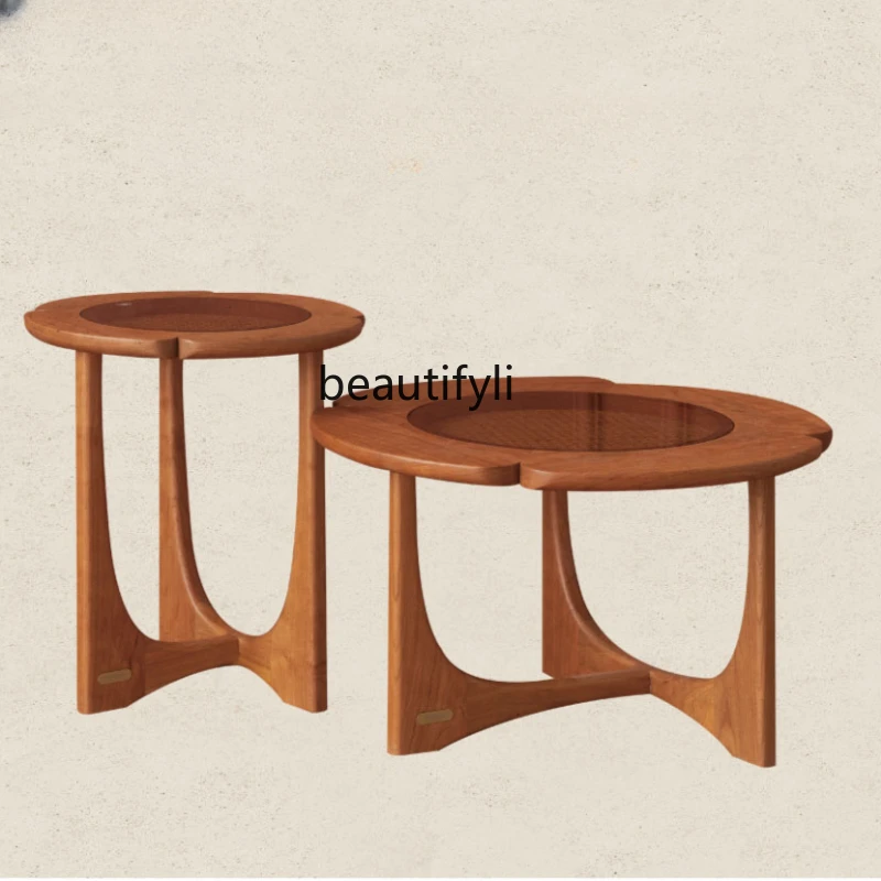 Sleeping Lotus Combined Tea Table Nordic Retro Style Solid Wood Side Table Small Apartment Sofa round Tea Table