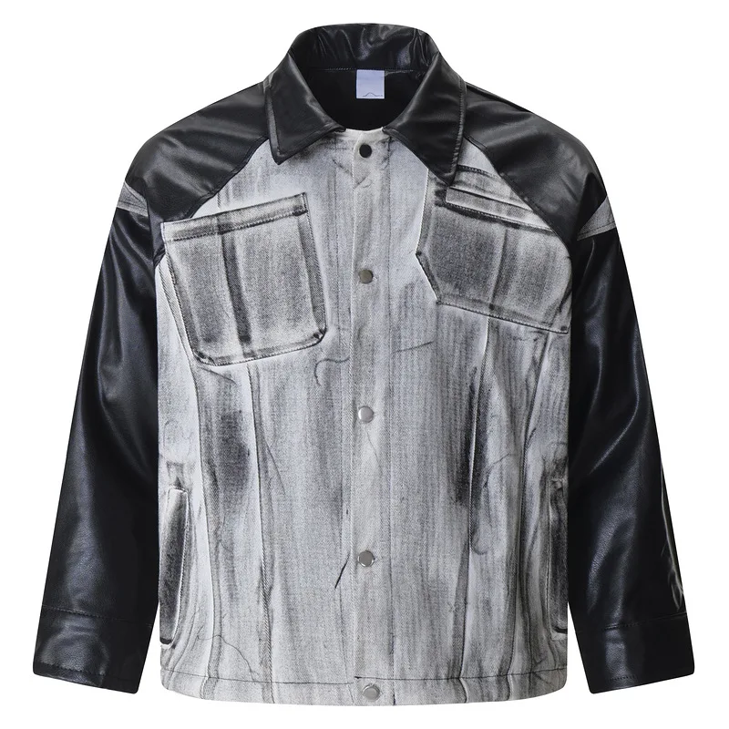 Men's Fashion Leather Biker Jacket High Street Vintage Motorcycle Rider Jeans Coat Streetwear Patched Moto Outerwear Patchwork