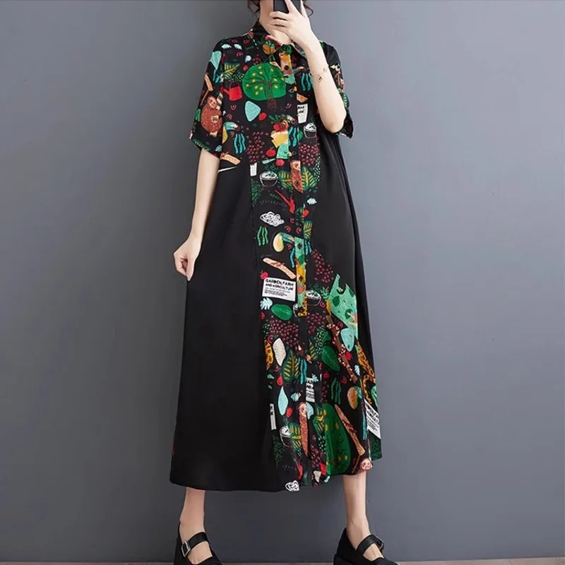 #3821 Summer Black Vintage Printed Midi Dress Turn-down Collar Button Front Shirt Dress Women Short Sleeve Loose Split Joint