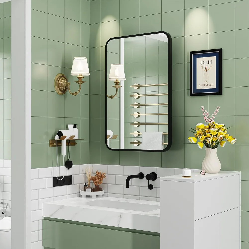 Lemari Obat Dinding Tersembunyi Ukuran 16x24 Inci dengan Cermin & Penyimpanan yang Dapat Disesuaikan - Bingkai Logam Modern untuk Dekorasi Rumah