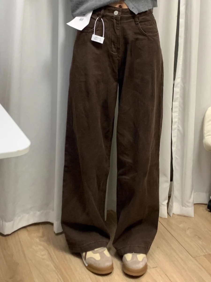 بنطلون جينز نسائي عالي الخصر وواسع الساق كاجوال مستقيم من قماش الدنيم للخريف والشتاء فضفاض مناسب بطول الأرض للأشخاص القصيرين