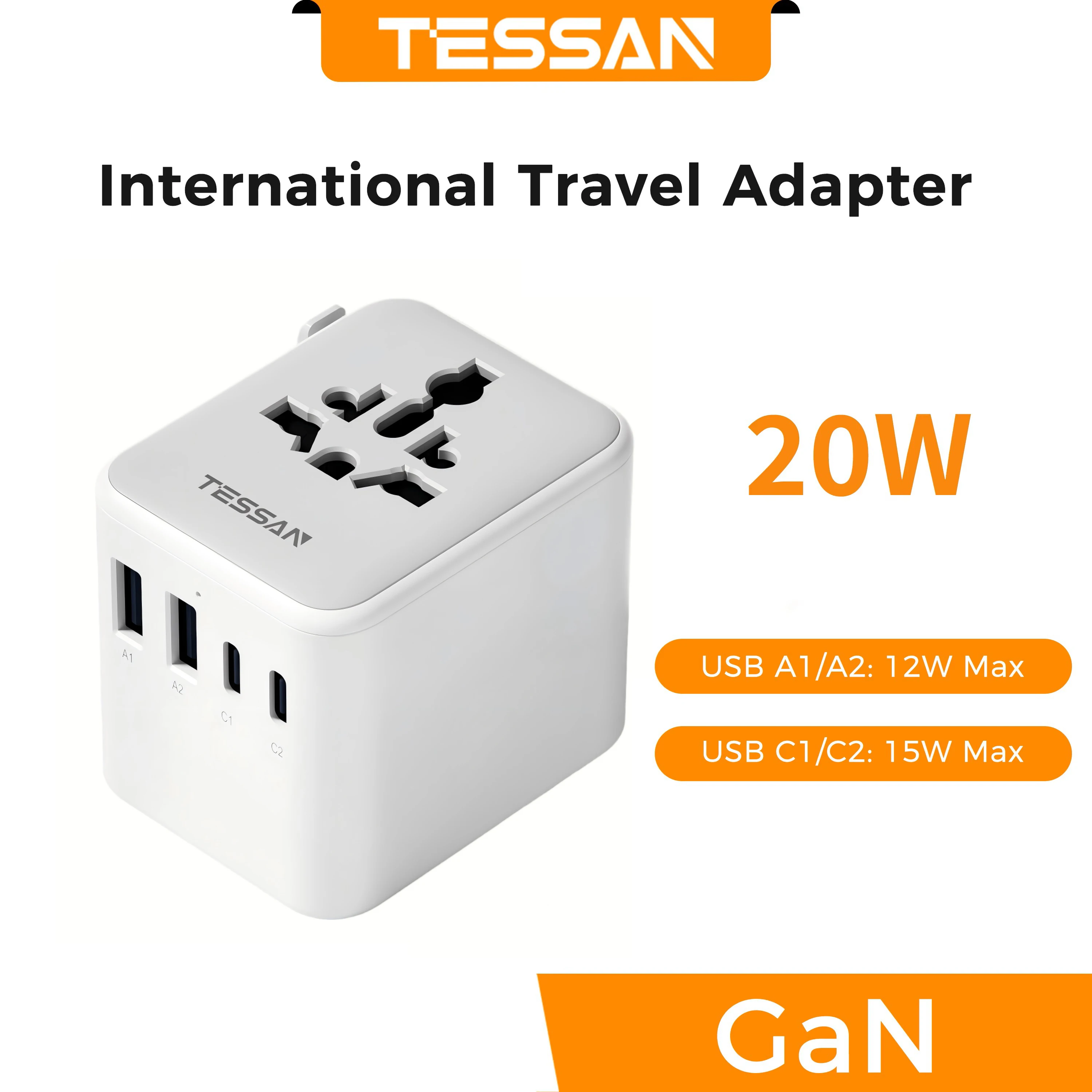 TESSAN 65W GaN Internationale reisadapter Universele 28W 20W stekkeradapter met 4/5 USB-poorten Draagbare aansluiting voor EU/UK/USA/AUS