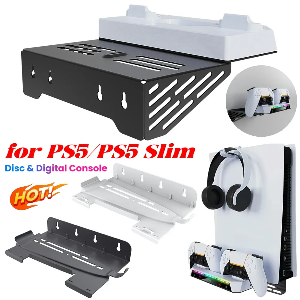 

Wall Bracket with Dual Controller Charger RGB Light Metal Wall Hanging Charger Stand for PS5/PS5 Slim Disc & Digital Version
