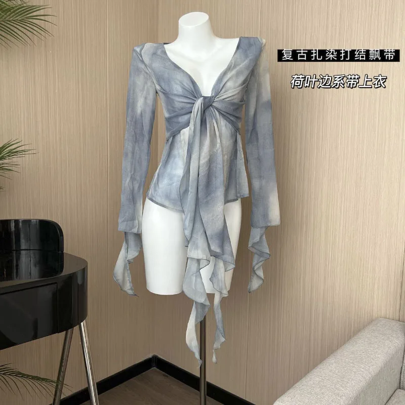 V-neck Elegant Sexy Women's Shirt Fashion Tie-Dye Long-sleeved Lace-up Flared Sleeve Short Blouse