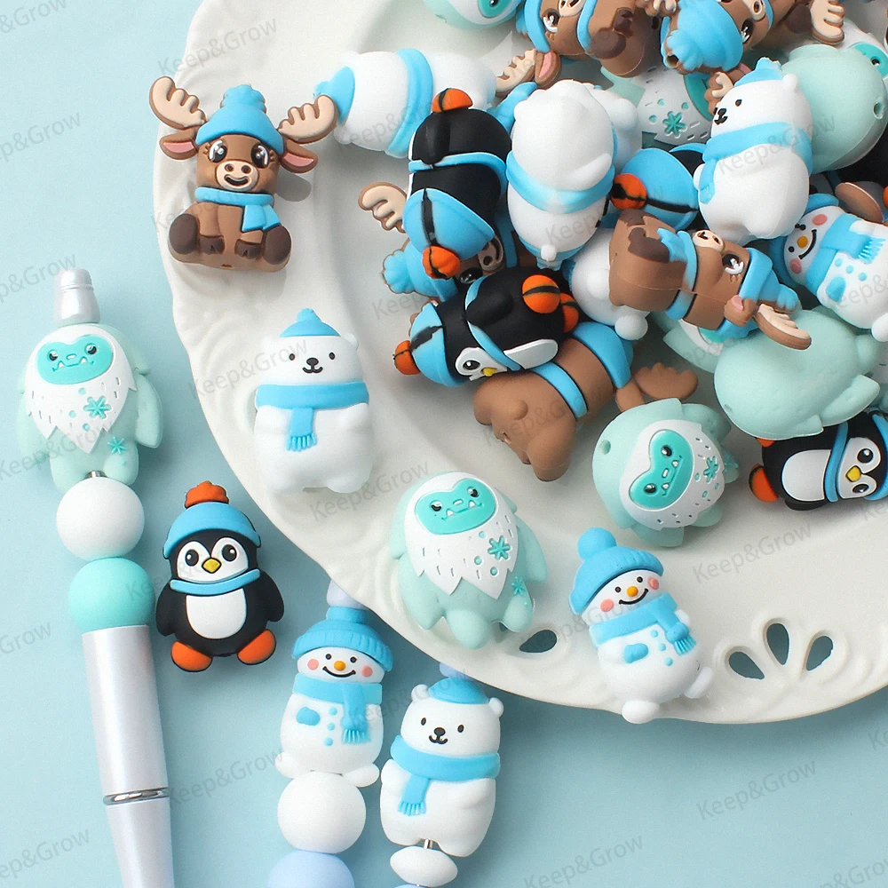 5/20/50 قطعة موضوع الشتاء ثلاثية الأبعاد سيليكون الخرز ثلج البطريق الدب القطبي الأيائل الثلوج الوحش البؤري الخرز Keychain بها بنفسك المفاتيح صنع المجوهرات
