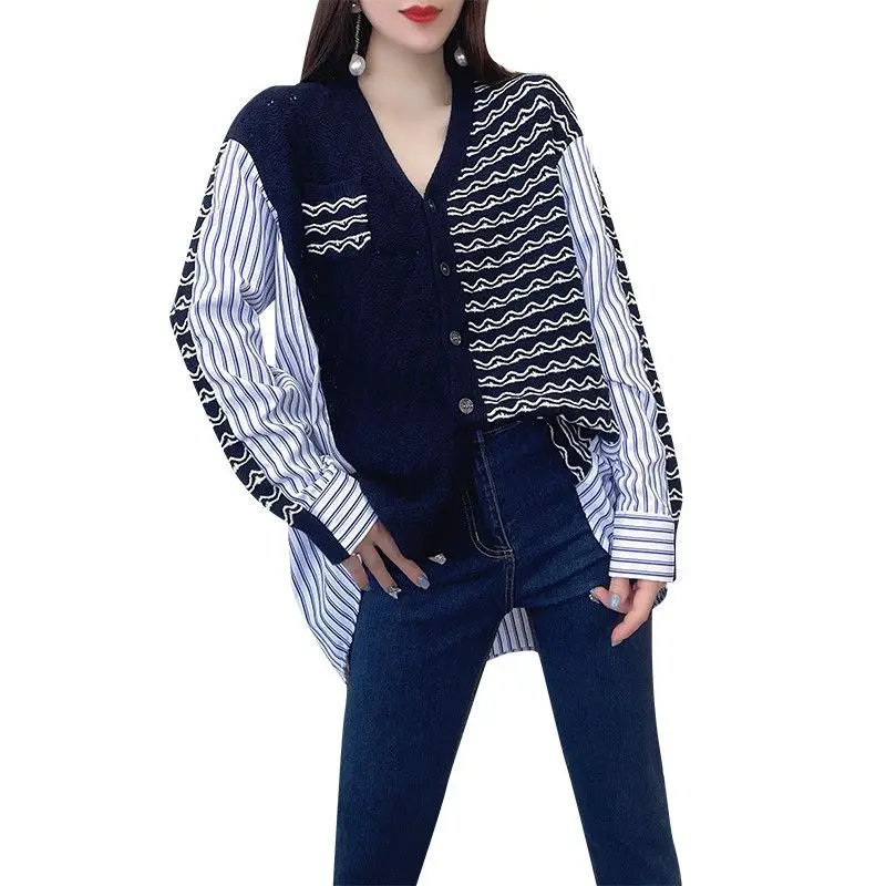 Female Streetwear Single-breasted V-Neck Cardigan Stylish Knitted Patchwork Striped Korean Loose Wave Cut Pockets Sweaters 2023