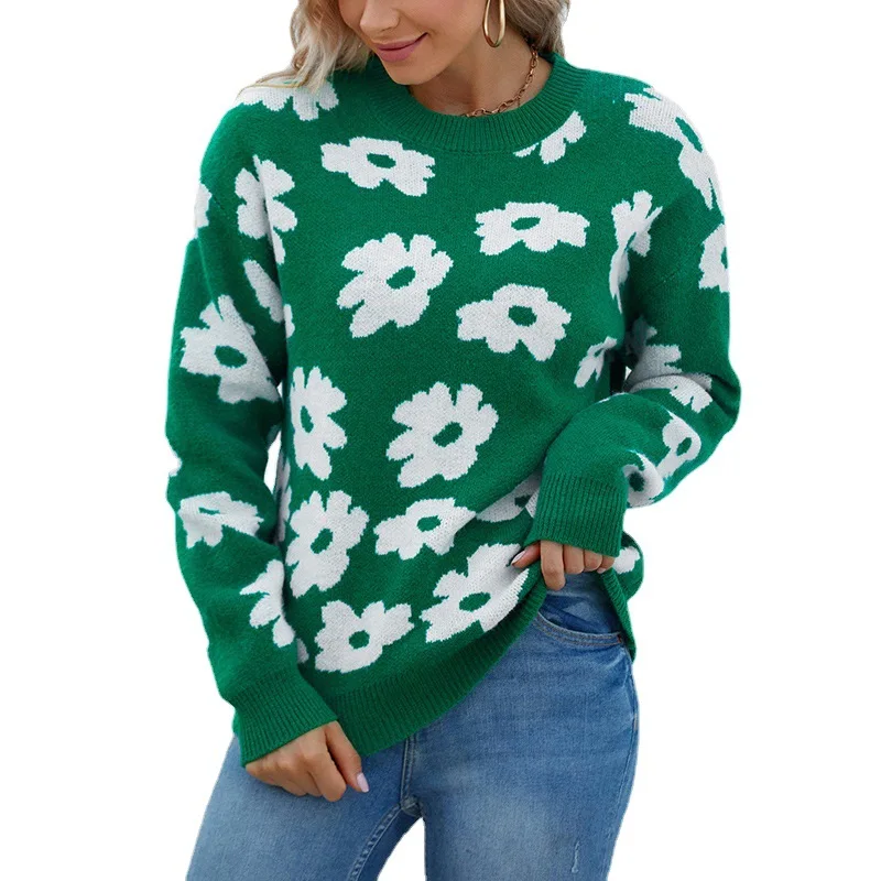 Fall/Winter 2023 New European and American Women's Knitwear Crew Neck Pullover Flower Amazon Sweater Women