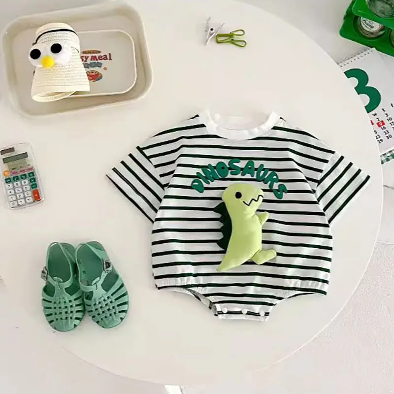 2024 New Summer Baby Girls Bodysuit 0-2T Thin Style Toddler Cute Striped Dinosaur Jumpsuit Infant Boys Outwear One Piece