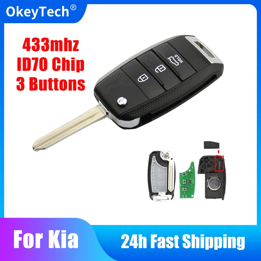 OkeyTech 3 Button Flip Folding Remote Car Key For Kia K3 Sorento Sportage 2013 2014 2015 433mhz ID70 Transponder Chip