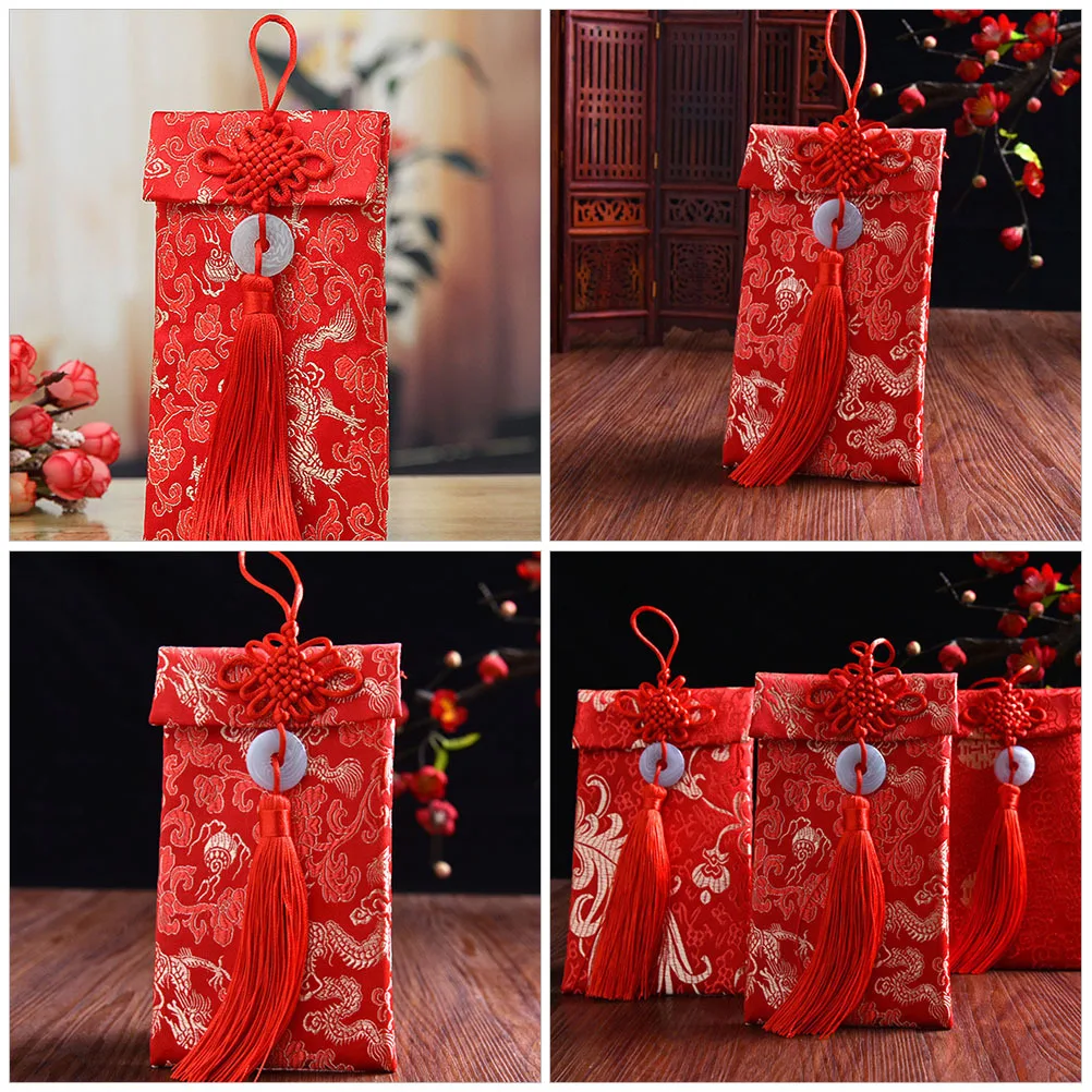 2pcs Chinese Knot Gift Red Envelopes Brocade Traditional Tassel Design Embroidered New Year Red Packets For Kids Wedding