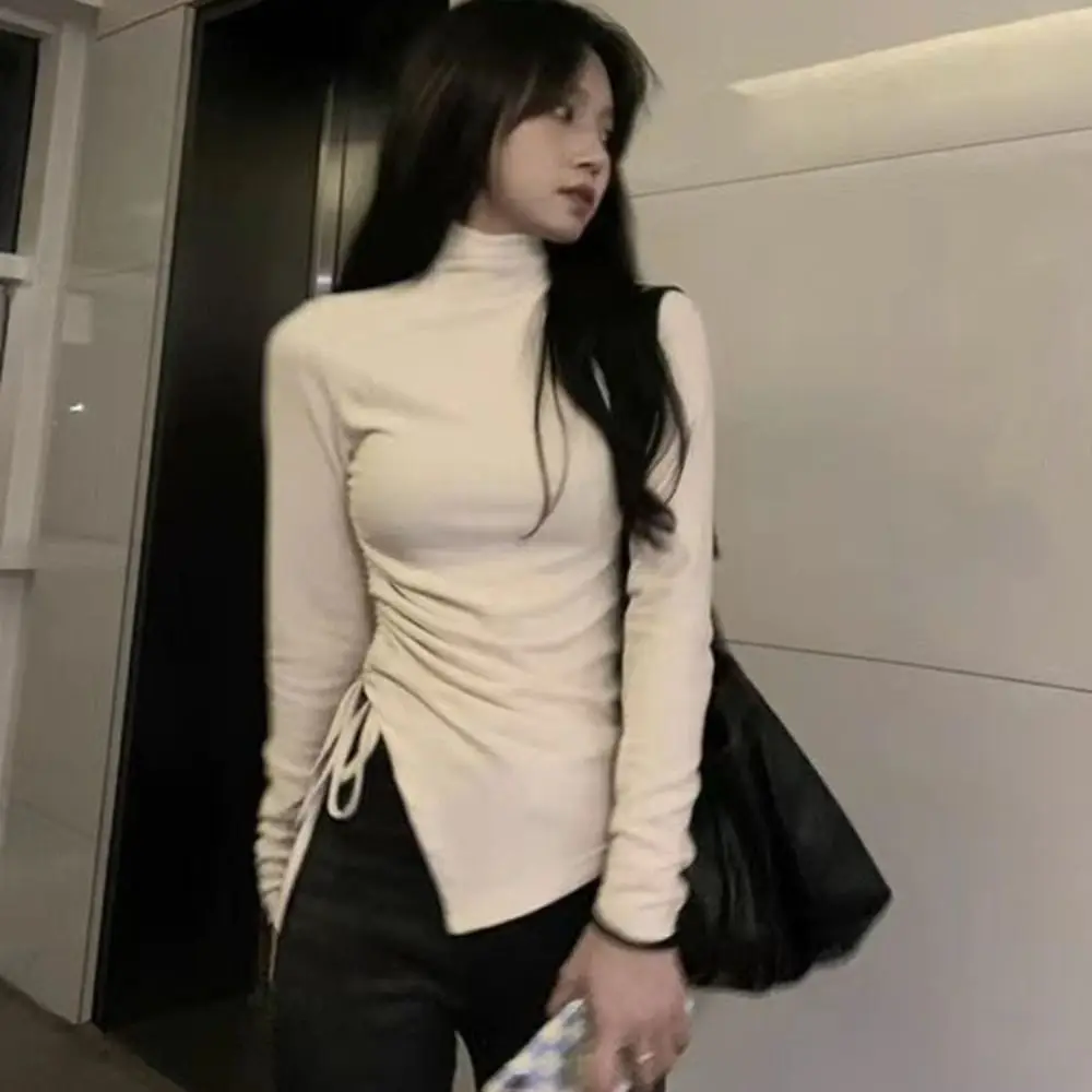 Damska bluzka z półgolfem, długim rękawem, asymetrycznym krojem, prostym, dopasowanym krojem, ze sznurkiem, wkładana przez głowę, jako podkoszulek lub top, krótki top, styl Y2k