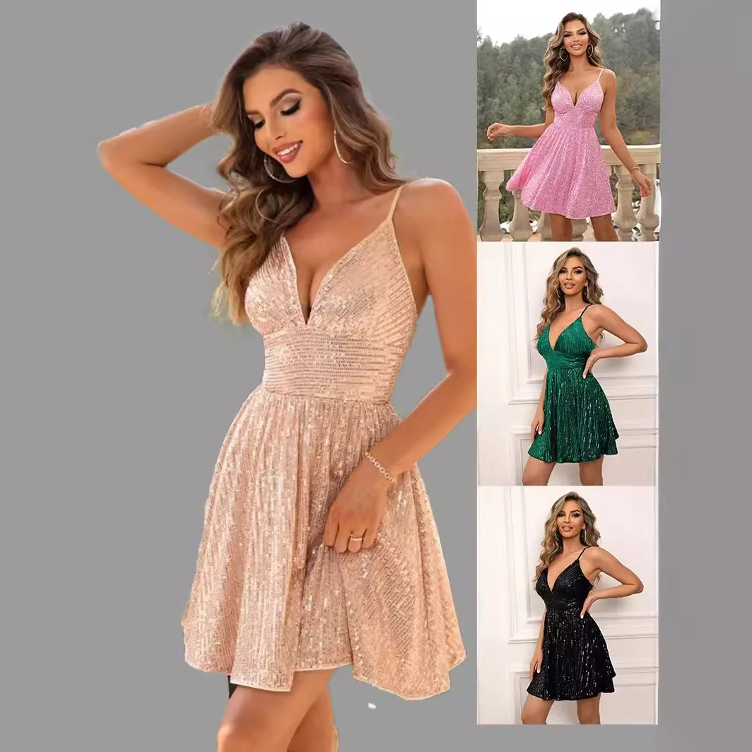 Summer Fashion Camis Short Dress Women Sequined Deep V-neck Slim Mini Dresses Backless Gown Party Clubs Shirt Casual Y2k Clothes