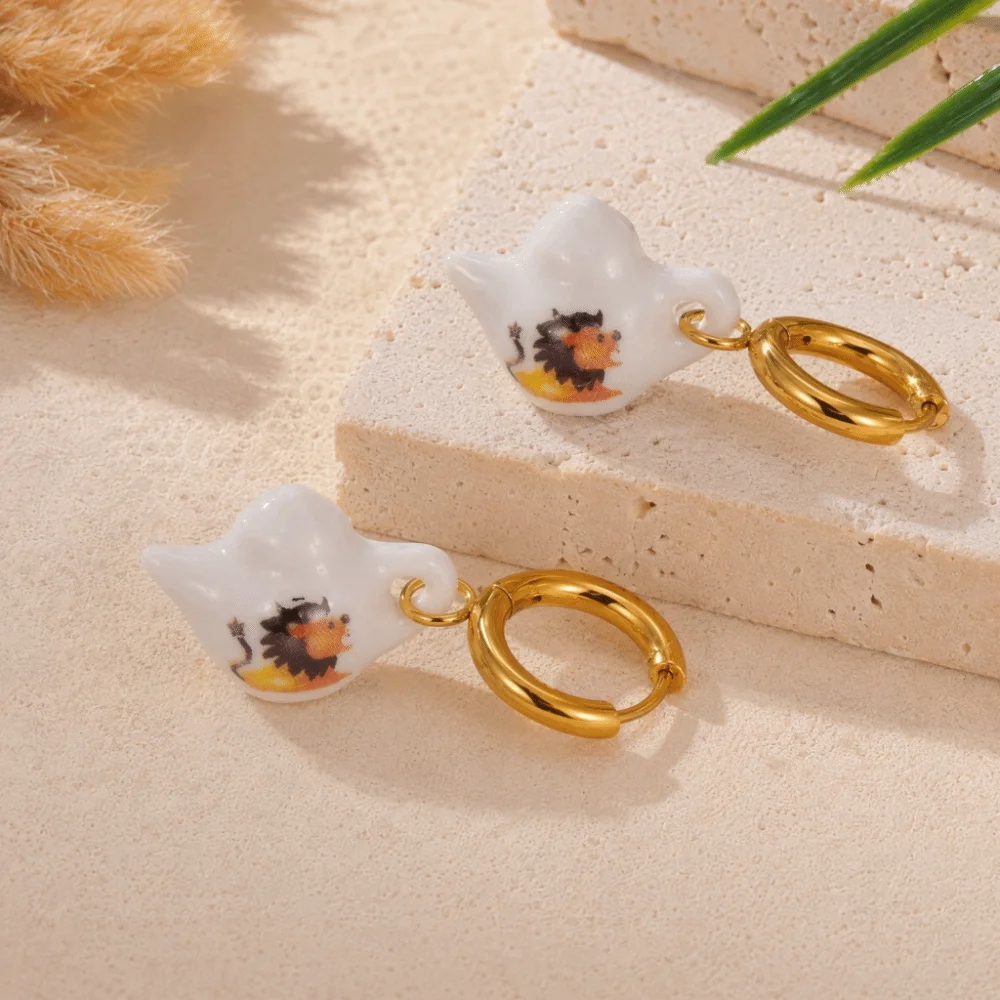Dripping Oil Ginger Cat Pattern Hoop Earrings Cute Y2K Plate Teacup Tea Pot Ear Buckle Stainless Steel Sweet Porcelain Earrings