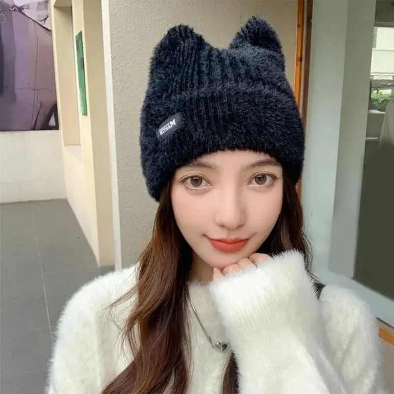 Gorro punto con orejas gato, gorro suave, gorro divertido para mujer, gorro para actividades aire libre