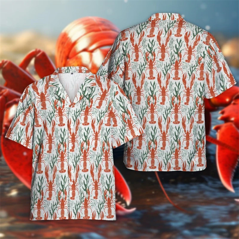 

Lobster King 3D Printed Shirts For Men Clothes Harajuku Fashion Male Beach Shirt Seafood Short Sleeve Crayfish Lapel Blouse Tops