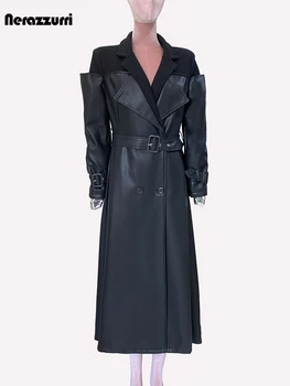 Nerazzurri Sonbahar Uzun Siyah Zarif Lüks Şık Yün Patchwork Pu Deri Ceket Kadın Kemer Kruvaze Pist Moda
