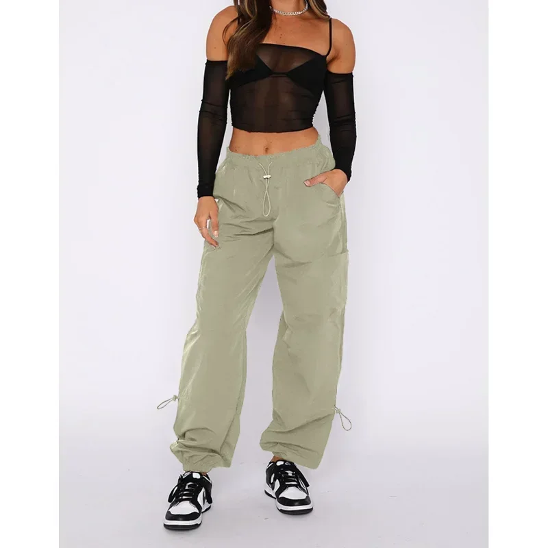 

GUWU Women Fashion Drawstring Waist Pocket Front Safari Style Straight Pants New Casual Summer Street Cargo Trousers
