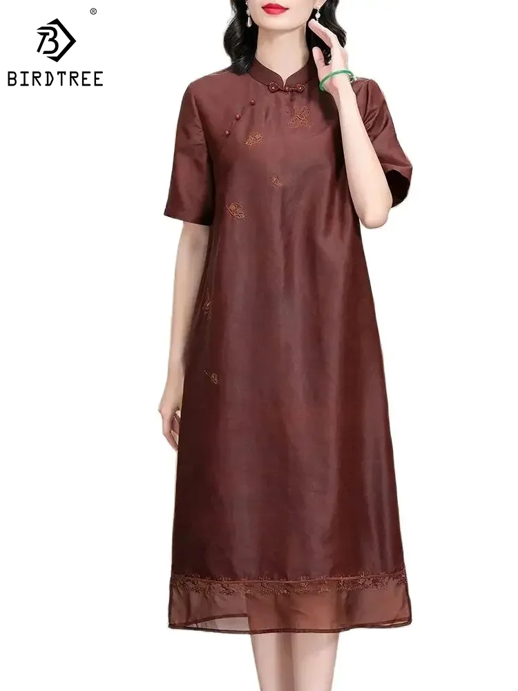 

BirdTree 100%Mulberry Silk Women Dresses, Watered Guaze Cheongsam, Loose Elegant Retro Dress, 2024 Spring Summer New D42245QM