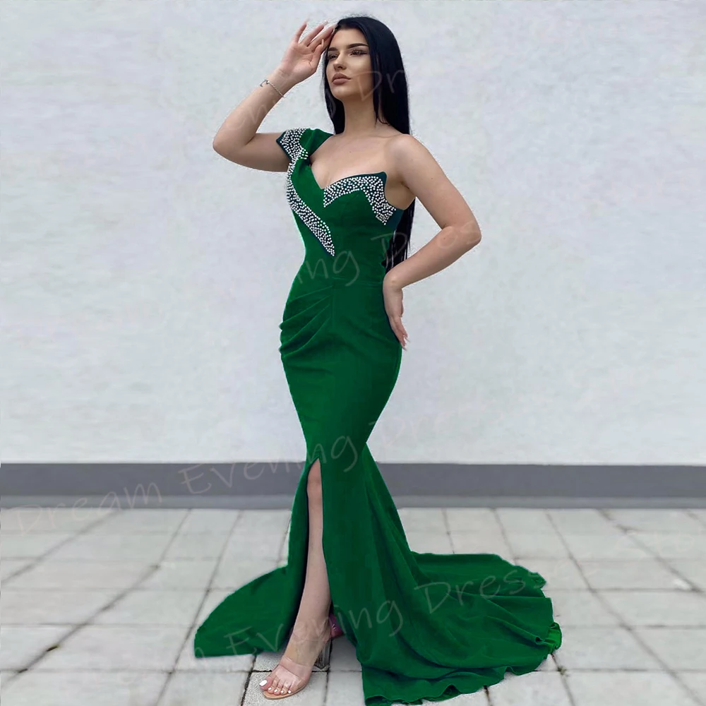 2024 Classic Popular Green women's Mermaid Charming Evening Dresses una spalla plissettata Prom Gowns Split Beaded Robe De Soiree