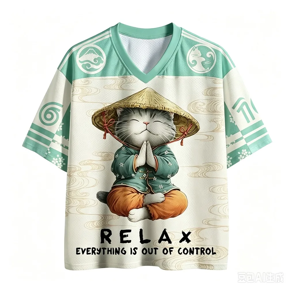Japanischer Retro-Zen-Katzen-3D-Druck Schnelltrocknendes Atmungsaktives Sport-T-Shirt für Männer und Frauen mit V-Ausschnitt, Modische Streetwear für Eltern – Detail 5