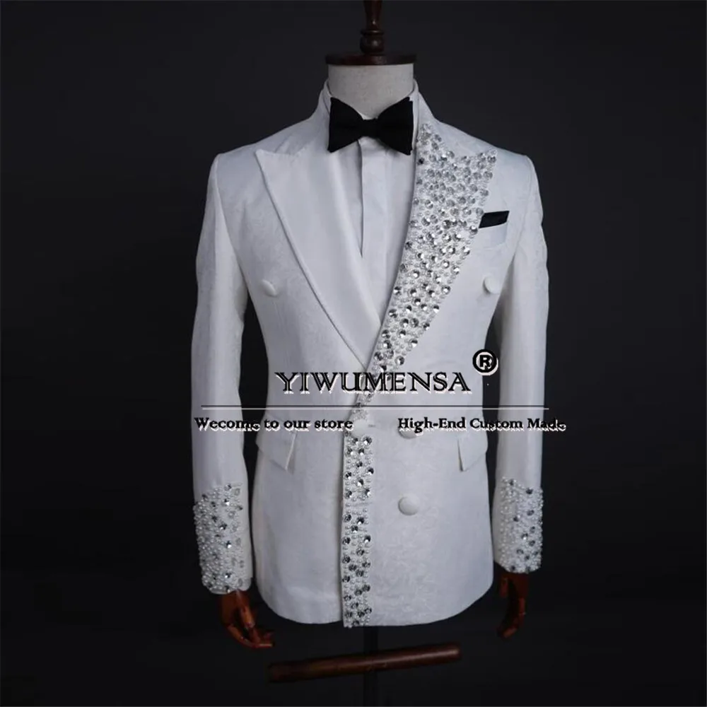 Luxury Diamond Beaded Suits Men For Wedding Double Breasted Floral Jacket Pants 2 Piece Bridegroom Tuxedos Tailored Male Clothes